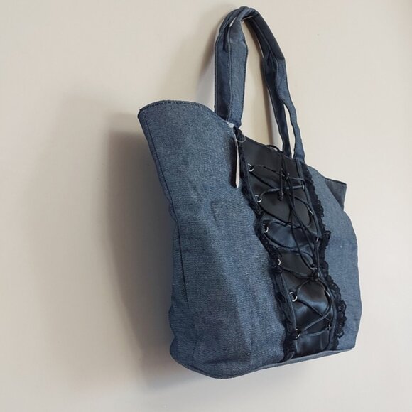 Victorias Secret Denim Corset Lace Up Tote curved shoulder Bag - Picture 2 of 7